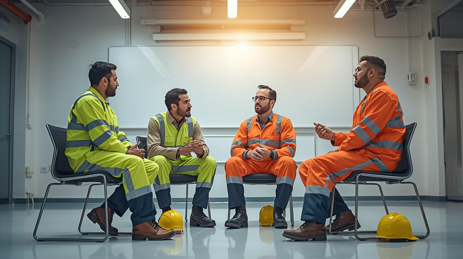 Engineers in a toolbox talk &mdash; a safe space to speak openly about mental health
